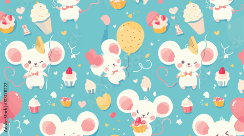 Seamless pattern with cute baby mouse balloons and