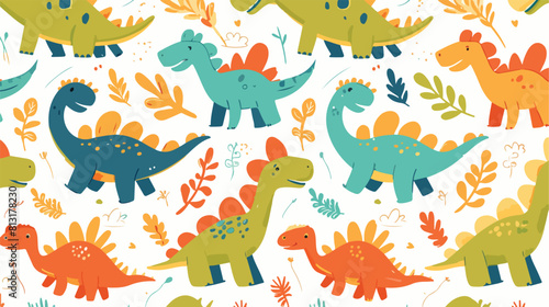 Seamless pattern with cute cartoon dinosaurs in fla