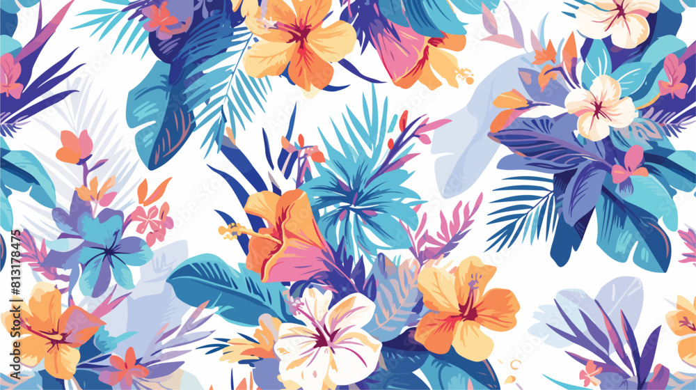 Seamless pattern with tropical flowers and palm lea