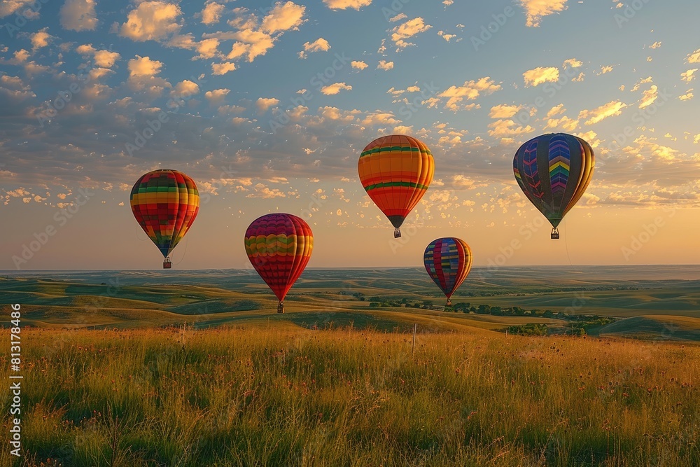 Obraz premium Four hot air balloons are flying in the sky over a grassy field. The sky is clear and the sun is setting, creating a warm and peaceful atmosphere