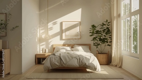 A minimalist bedroom with a Scandinavian design aesthetic, featuring light wood furniture, cozy textiles, and natural light.
