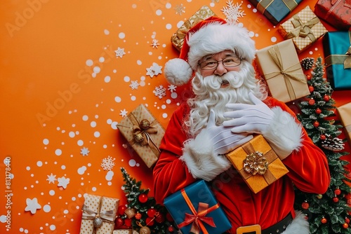Santa Claus with gifts on a colored background: Christmas magic and gifts for everyone.