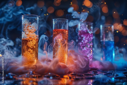 This moody image features bubbling liquids in lab glassware, shrouded in mystical fog and vibrant backlighting