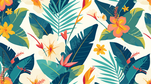 Seamless pattern with tropical flowers and palm lea photo