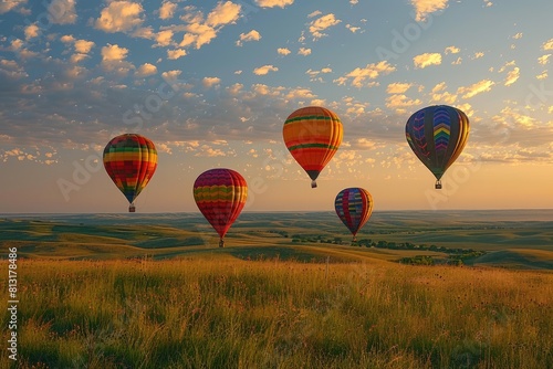 Four hot air balloons are flying in the sky over a grassy field. The sky is clear and the sun is setting, creating a warm and peaceful atmosphere