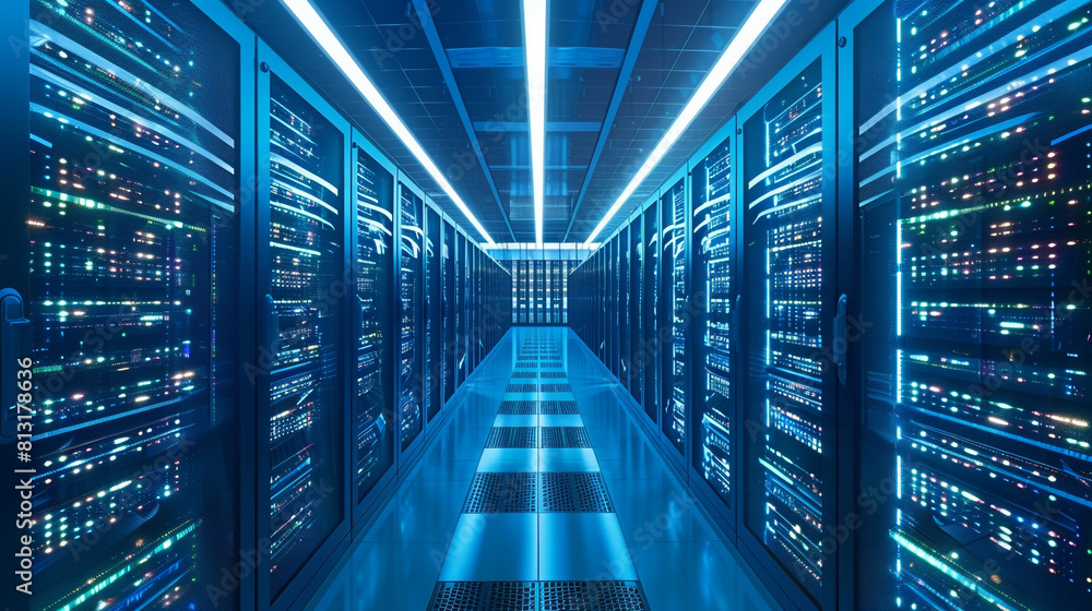 Massive data center hall with endless rows of servers, a testament to modern data storage capabilities. Massive data center hall with endless rows of servers, a testament to modern data storage capabilities.