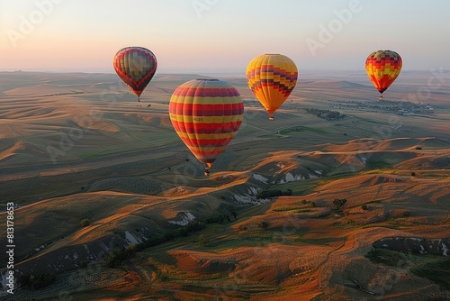 Four hot air balloons are flying over a grassy plain. The sky is a mix of orange and pink hues, creating a warm and inviting atmosphere