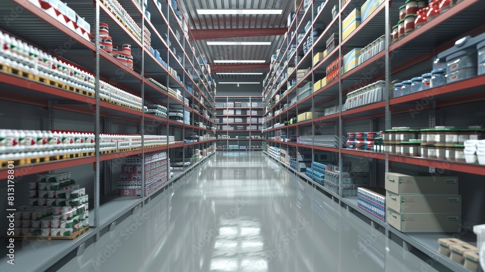 Efficient Inventory Management Organized Warehouse Shelves Stocked with Goods