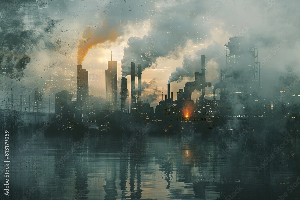 A city with smoke and factories in the background. The sky is cloudy and the water is murky