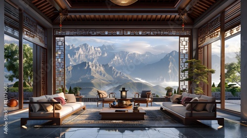 image of wealthy asian style living room with a view of the mountains photo