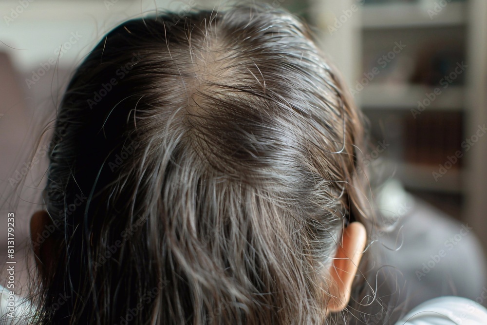 Naklejka premium A close-up portrait captures the contemplative expression of a young woman indoors, grappling with hair loss