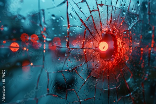 A close-up of a bullet hole in cracked glass, backlit by vivid city lights, signifying crime