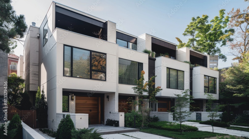 A minimalist exterior facade of a contemporary townhouse with clean lines, neutral colors, and geometric shapes, epitomizing modern urban living.