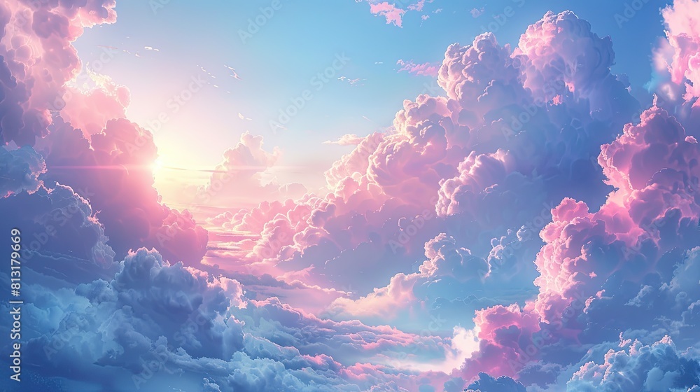 A beautiful blue sky with pink clouds and a sun in the background. The sky is filled with fluffy clouds and the sun is shining brightly. The sky is a perfect backdrop for a romantic or peaceful scene A beautiful blue sky with pink clouds and a sun in the background. The sky is filled with fluffy clouds and the sun is shining brightly. The sky is a perfect backdrop for a romantic or peaceful scene