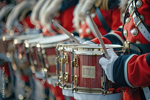 A group of drummers are lined up, playing their instruments. Concept of unity and teamwork, as the drummers are all working together to create a harmonious sound photo