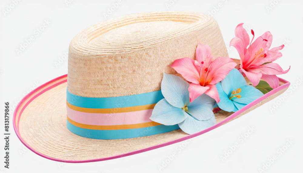 summer straw hat with flower white background