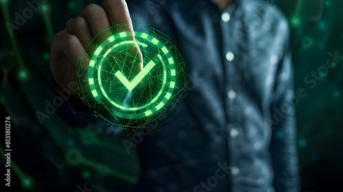 Green check mark for compliance, certification or audit concept with a business man holding a digital hologram of green compliance tick symbol photo