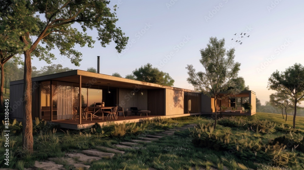 A minimalist-style countryside retreat with a modular design, sustainable materials, and panoramic views of the surrounding landscape. A minimalist-style countryside retreat with a modular design, sustainable materials, and panoramic views of the surrounding landscape.