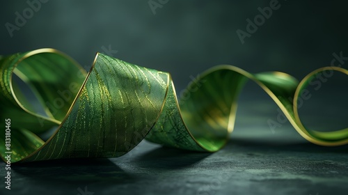 Elegant Green Ribbon: Shimmering Gold Edged Ribbon in Dark Green, Ideal for Decorative and Festive Designs photo