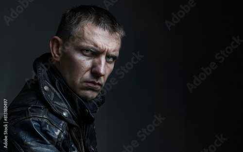 A man in a black leather jacket poses against a dark gray background. Dramatic portrait of menacing man with copy space.
