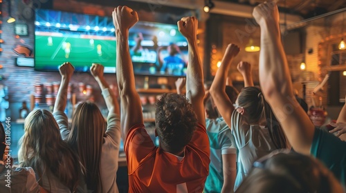 Group of Football Fans Watching a Live Match Broadcast in a Sports Pub on TV. People Cheering, Supporting Their Team photo