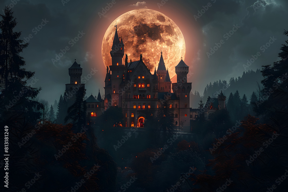Abstract Halloween dark castle with full moon wallpaper High quality photo