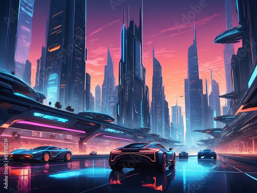 Futuristic Cityscapes of Future Metropolis at Dusk, Neon city of skyscrapers and flying cars, Future that will come