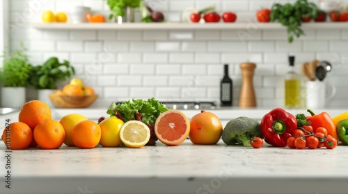 vibrant fruits and vegetables displayed on a kitchen counter  promoting healthy eating ideal for a concept banner layout