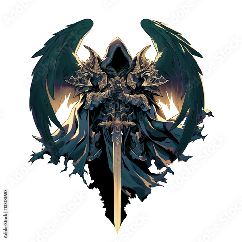 Mysterious warrior with sword and wing illustration