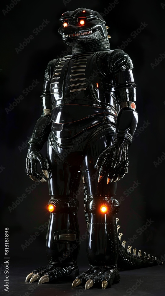 Fotografie Dark sci-fi lizard toy robot statue standing on isolated black background