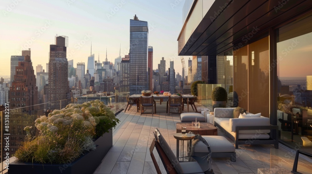 Obraz premium A minimalist-style rooftop terrace with sleek outdoor furniture, minimalist planters, and panoramic city views, perfect for alfresco entertaining.