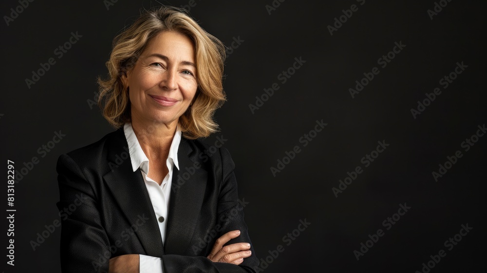 A Confident Smiling Middle-Aged Businesswoman Manager With Arms Crossed Exudes Authority And Leadership A Confident Smiling Middle-Aged Businesswoman Manager With Arms Crossed Exudes Authority And Leadership