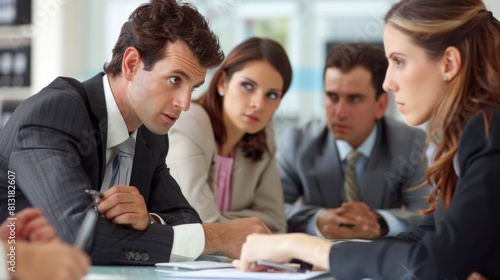 A Group Of Business People Engage In Discussions About A Business Plan At A Meeting Table In The Office, Strategizing For Success
