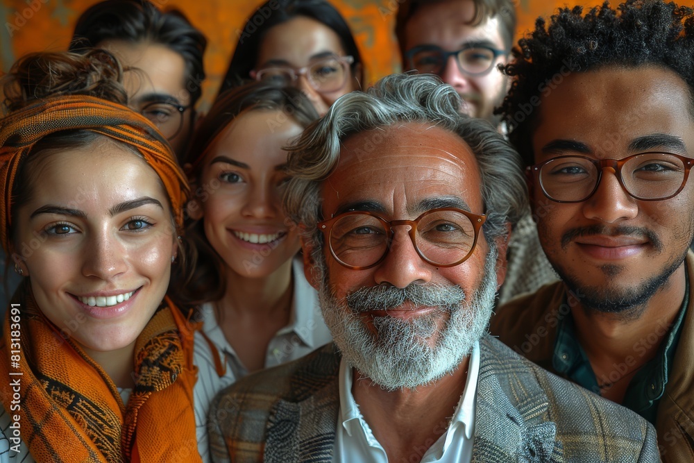 Close-up of a diverse group of friends, with focus on a man in a tweed jacket Close-up of a diverse group of friends, with focus on a man in a tweed jacket