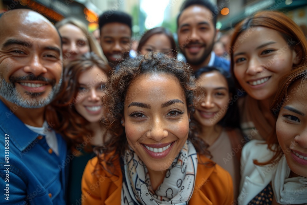 Urban group selfie showing positive emotions of a diverse friend circle in a city landscape