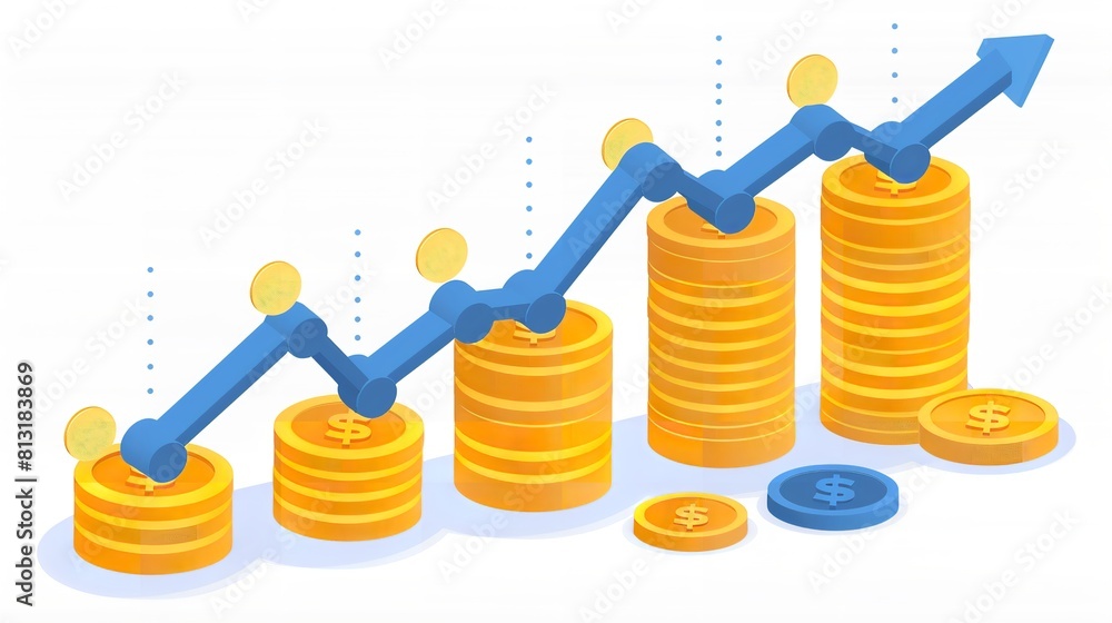 A graph displaying the increasing trend of coins and arrows over time, illustrating growth and progress in financial markets A graph displaying the increasing trend of coins and arrows over time, illustrating growth and progress in financial markets