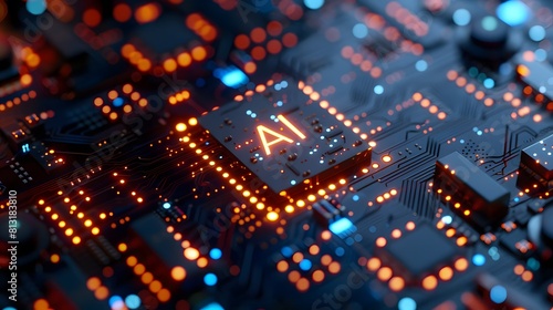 a close-up of an electronic circuit board with a glowing "AI" symbol symbolizing the integration of AI into modern digital systems