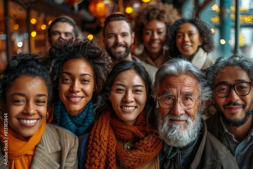 Group portrait of happy friends from different ethnic backgrounds in an urban environment