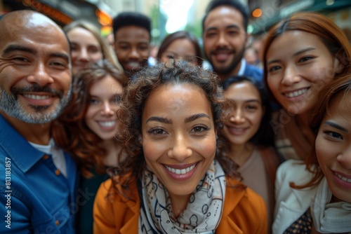 Urban group selfie showing positive emotions of a diverse friend circle in a city landscape