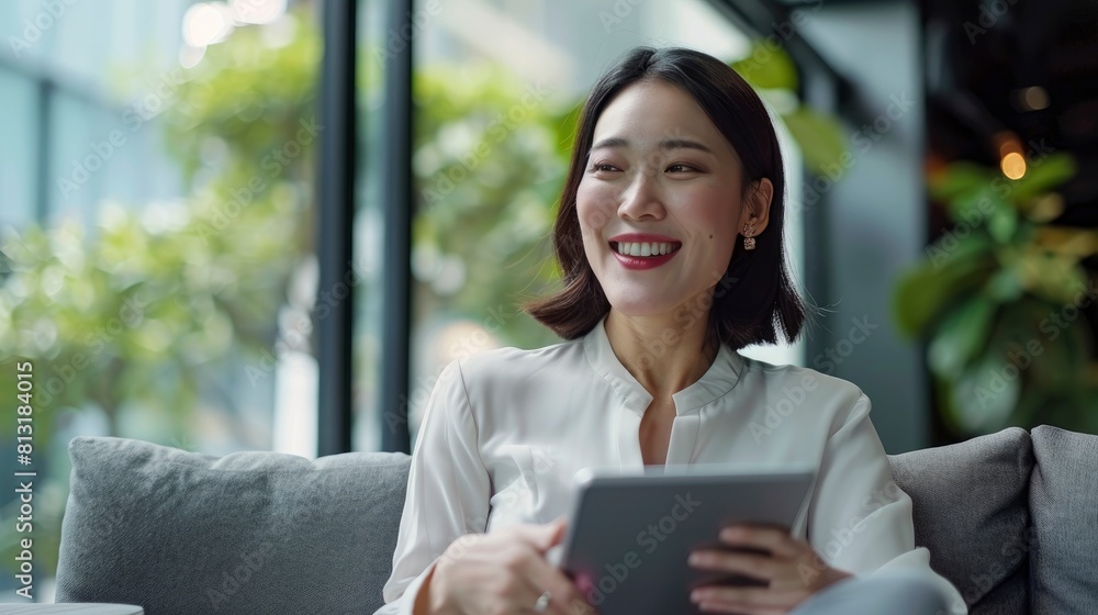 A Pretty Smiling Asian Businesswoman Sits Happily On A Sofa, Holding A Tablet, Blending Comfort With Productivity