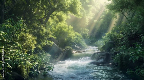 A peaceful mountain stream flowing through lush forest  with sunlight filtering through the canopy.