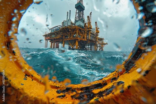 The dramatic view of an offshore oil platform through a water-splashed porthole amidst stormy sea