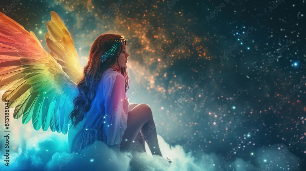 Angel woman with rainbow wings is sitting on a cloud at night wallpaper ...