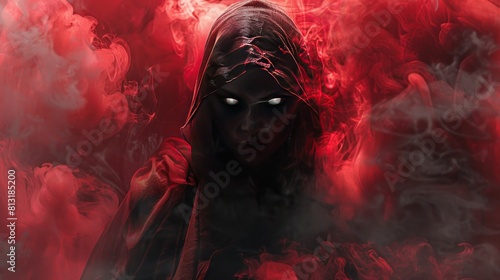 Mysterious person with glowing eyes and a hoodie shrouded in smoke red wallpaper AI generated image photo