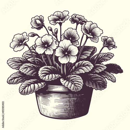 African violet plant in a pot blossom vintage illustration