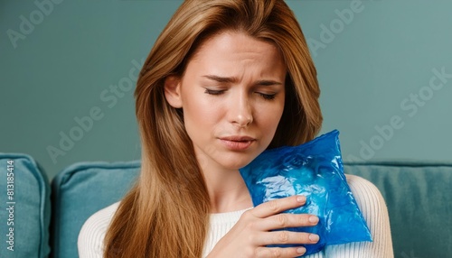 Generated image of sad woman holding ice pack on her shoulder 