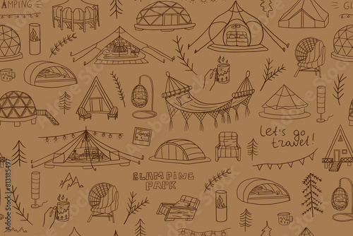 Seamless pattern of glamping elements. Doodle style. Glamour camping. Capsule rooms in the mountains, wigwams, glass yurts, bubble rooms. Luxury Campsites. Travel design. Adventure. Hand drawn 