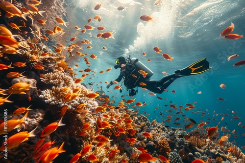 Scuba diver explores a coral reef teeming with fish in the sunlight photo