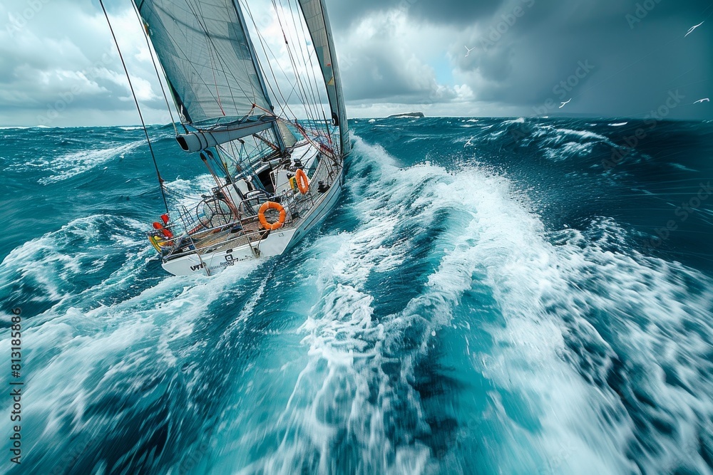 Naklejka premium A dynamic image capturing a sailing yacht in action on choppy blue water under a dramatic cloudy sky