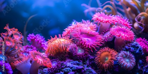 Thriving in the Deep Ocean  Vibrant Neon Corals Among Sea Flowers. Concept Marine life  Deep ocean  Neon corals  Sea flowers  Ocean ecosystem